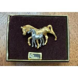Vintage Gold & Silver Tone Horse & Baby Foal Brooch Pin 1.5” Wilmarth